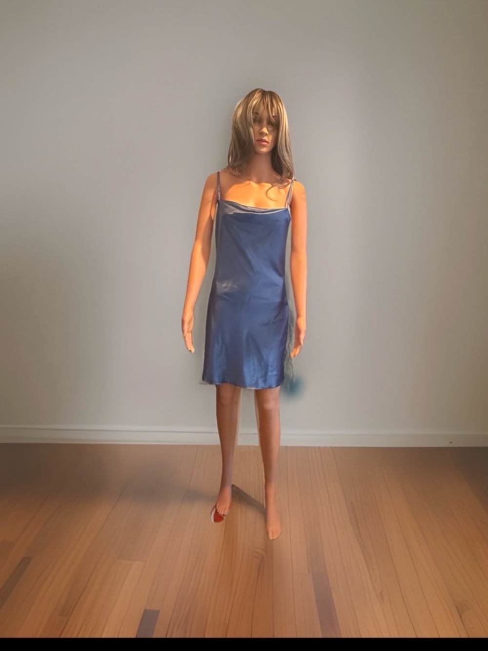 bebe Blue Satin Slip Dress with Thin Straps